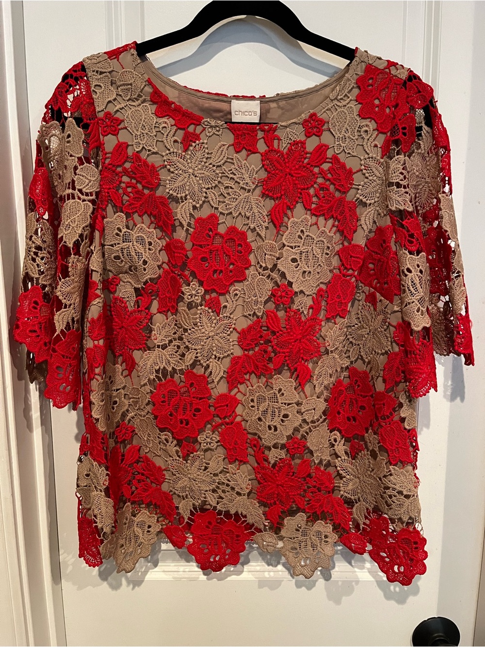 Chico's Red & Taupe Crochet Lace Floral Top, Small